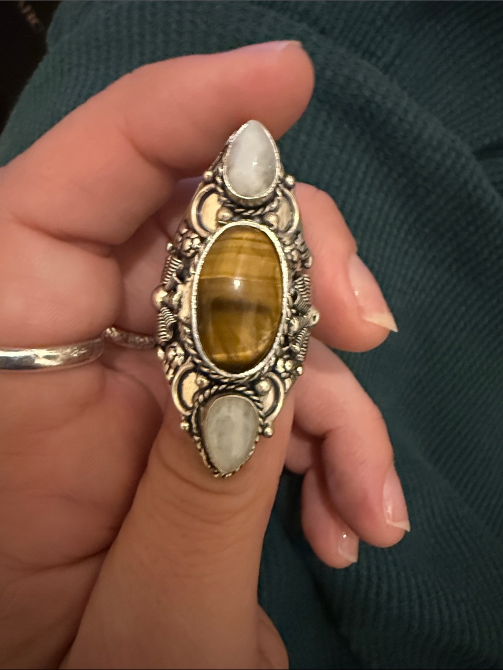 Sterling Silver Tiger's Eye Statement Ring with Moonstone Accents
